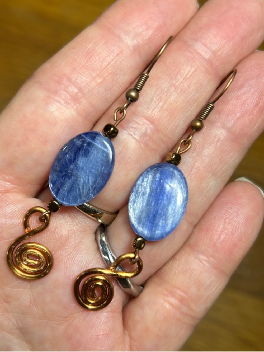 3/$25 Blue Kyanite Stone and Copper Spiral Drop Earrings